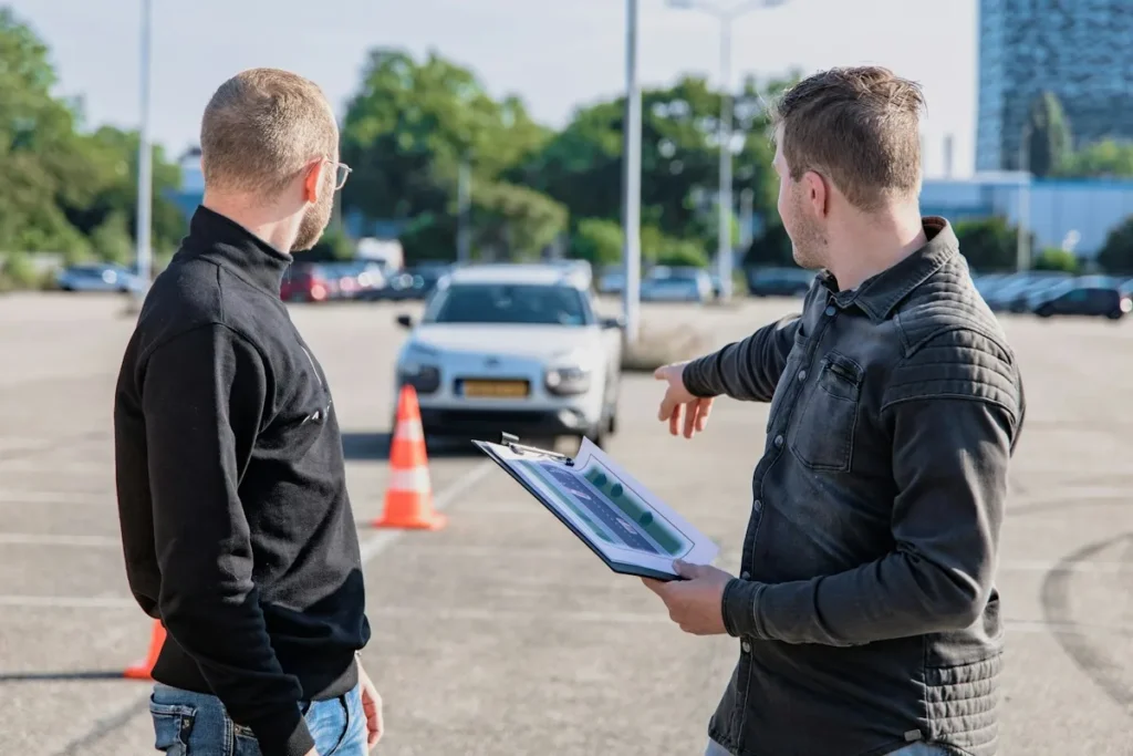 Instructeur de conduite expliquant un exercice à un élève